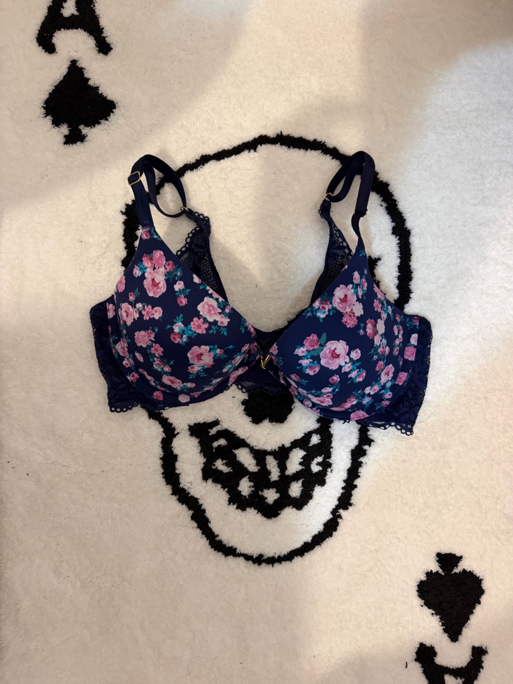 Victoria's Secret Front Clasp Ultra Comfort & lift Navy Bra wPink Floral & Lace
